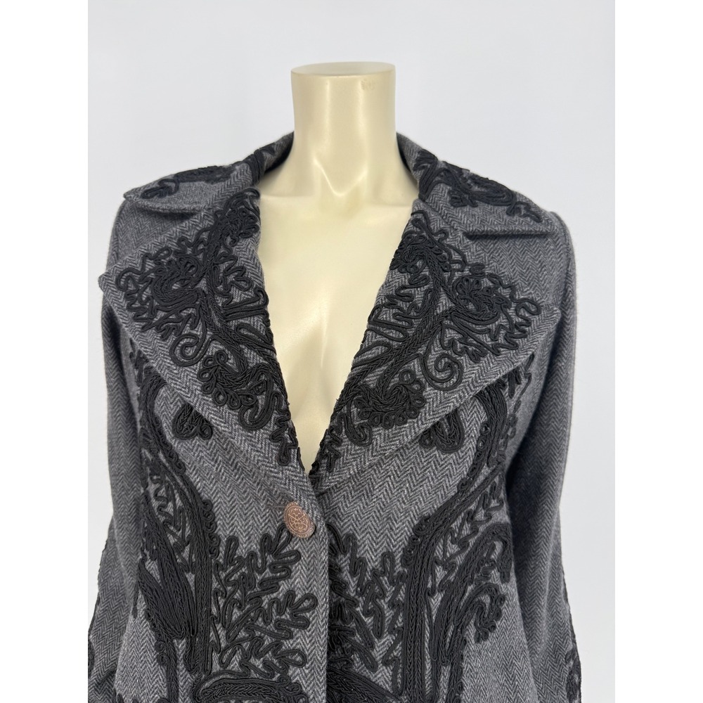 Soft Surroundings Gray Herringbone Wool Soutache Embroidered Blazer Jacket Small